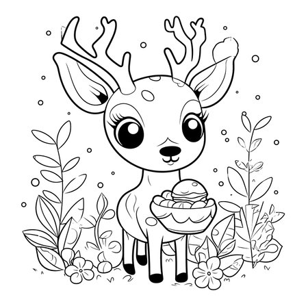 Deer , Black and white coloring pages for kids, simple lines, cartoon style, happy, cute, funny, animal in the worldのイラスト素材