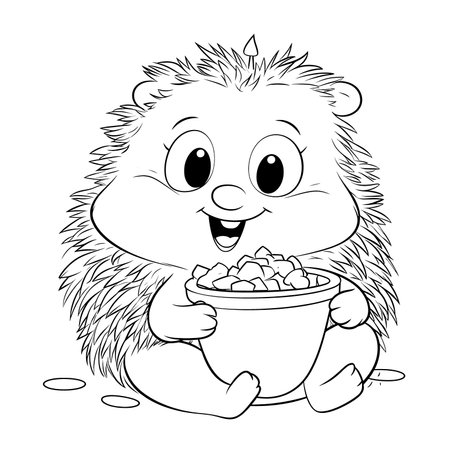 Hedgehog, Black and white coloring pages for kids, simple lines, cartoon style, happy, cute, funny, animal in the worldのイラスト素材
