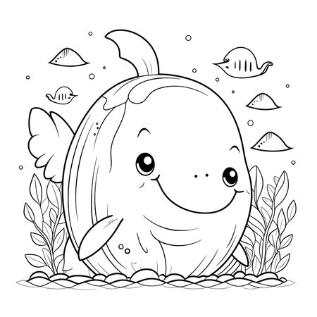 Dolphin , Black and white coloring pages for kids, simple lines, cartoon style, happy, cute, funny, animal in the worldのイラスト素材
