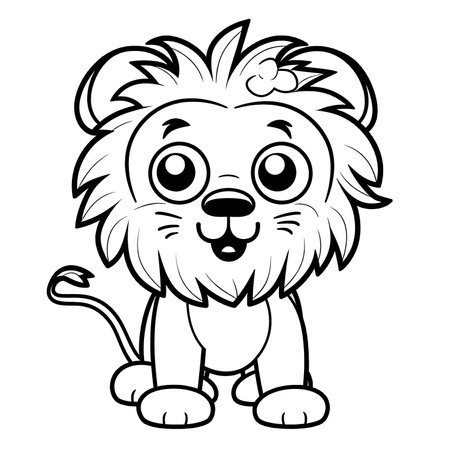 Lion , Black and white coloring pages for kids, simple lines, cartoon style, happy, cute, funny, animal in the worldのイラスト素材