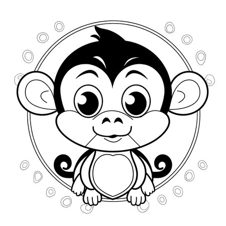 Monkey , Black and white coloring pages for kids, simple lines, cartoon style, happy, cute, funny, animal in the worldのイラスト素材
