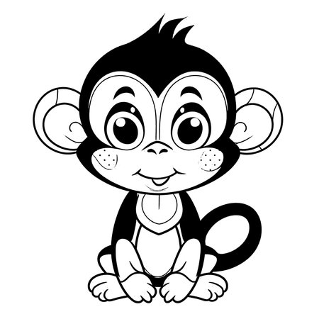 Monkey , Black and white coloring pages for kids, simple lines, cartoon style, happy, cute, funny, animal in the worldのイラスト素材