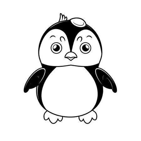 Penguin , Black and white coloring pages for kids, simple lines, cartoon style, happy, cute, funny, animal in the worldのイラスト素材