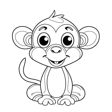 MonkeyÂ , Black and white coloring pages for kids, simple lines, cartoon style, happy, cute, funny, animal in the worldのイラスト素材