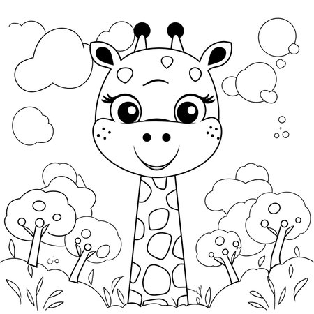 GiraffeÂ  , Black and white coloring pages for kids, simple lines, cartoon style, happy, cute, funny, animal in the worldのイラスト素材