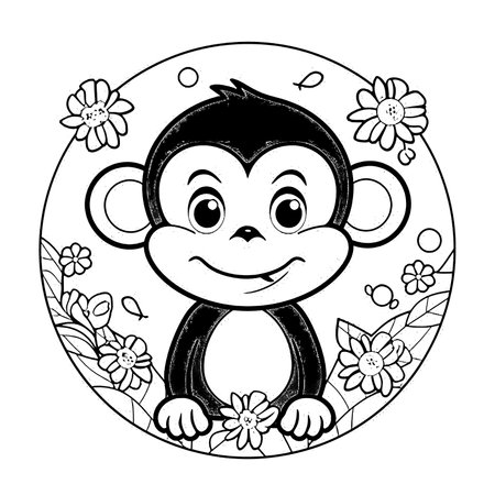 Monkey , Black and white coloring pages for kids, simple lines, cartoon style, happy, cute, funny, animal in the worldのイラスト素材