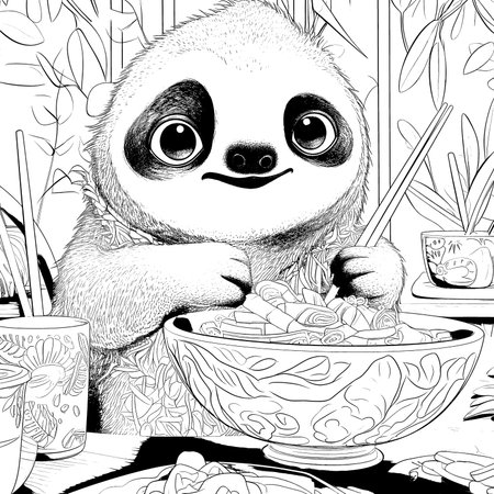 Sloth , Black and white coloring pages for kids, simple lines, cartoon style, happy, cute, funny, animal in the worldのイラスト素材