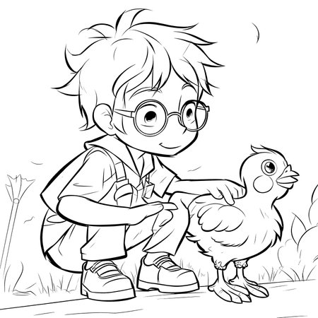 Black and white coloring pages for kids, simple lines, cartoon style, happy, cute, funny, animal in the worldのイラスト素材