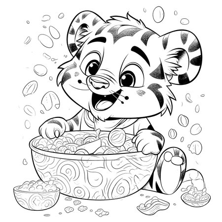 Tiger , Black and white coloring pages for kids, simple lines, cartoon style, happy, cute, funny, animal in the worldのイラスト素材
