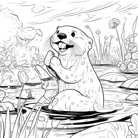 OtterÂ ,Black and white coloring pages for kids, simple lines, cartoon style, happy, cute, funny, animal in the worldのイラスト素材