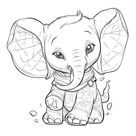 Elephant, Black and white coloring pages for kids, simple lines, cartoon style, happy, cute, funny, animal in the worldのイラスト素材