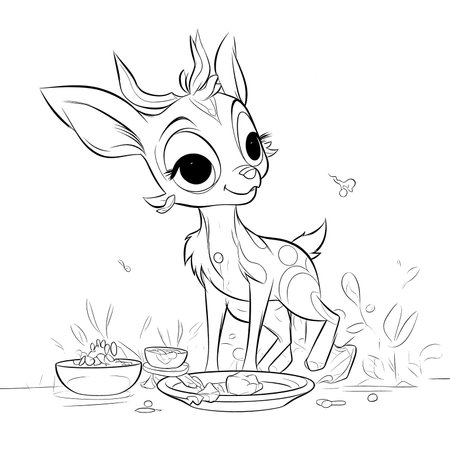 Deer , Black and white coloring pages for kids, simple lines, cartoon style, happy, cute, funny, animal in the worldのイラスト素材