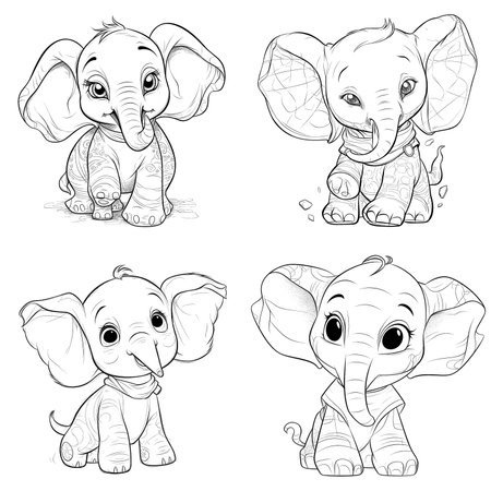 Elephant, Black and white coloring pages for kids, simple lines, cartoon style, happy, cute, funny, animal in the worldのイラスト素材