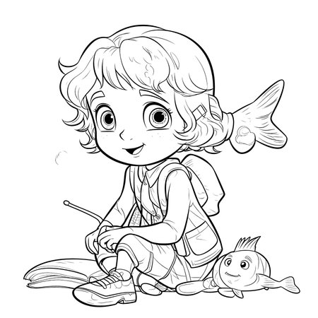 Black and white coloring pages for kids, simple lines, cartoon style, happy, cute, funny, animal in the worldのイラスト素材