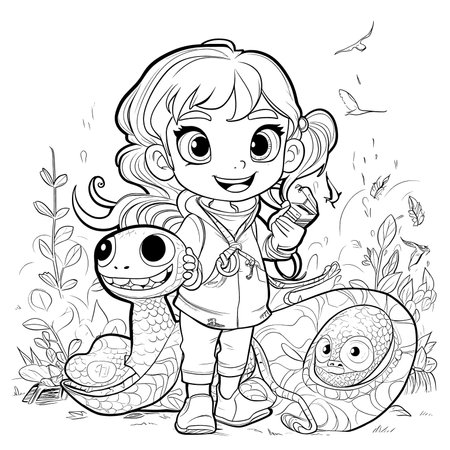 Black and white coloring pages for kids, simple lines, cartoon style, happy, cute, funny, animal in the worldのイラスト素材