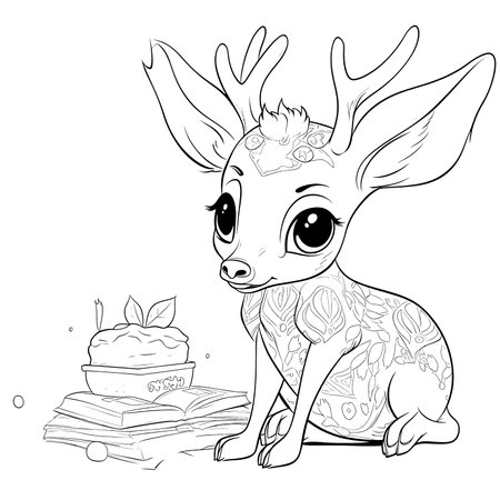 Deer , Black and white coloring pages for kids, simple lines, cartoon style, happy, cute, funny, animal in the worldのイラスト素材