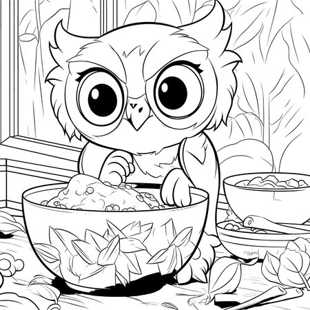 Owl , Black and white coloring pages for kids, simple lines, cartoon style, happy, cute, funny, animal in the worldのイラスト素材
