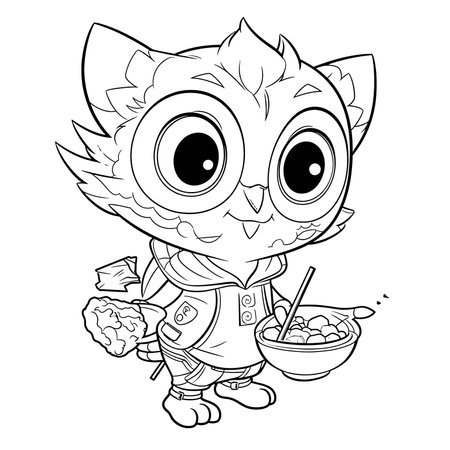 Owl , Black and white coloring pages for kids, simple lines, cartoon style, happy, cute, funny, animal in the worldのイラスト素材