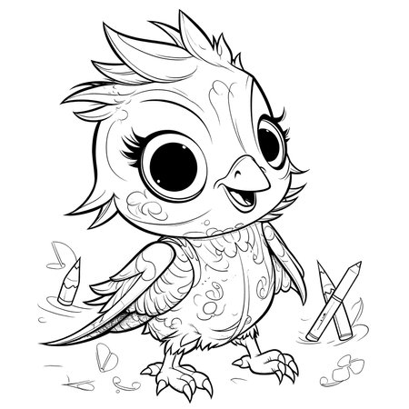 Bird, Black and white coloring pages for kids, simple lines, cartoon style, happy, cute, funny, animal in the worldのイラスト素材
