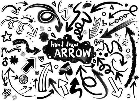 Gather hand-drawn arrows. Simple arrows placed alone on a white background. marks with an arrow. Bow paintのイラスト素材