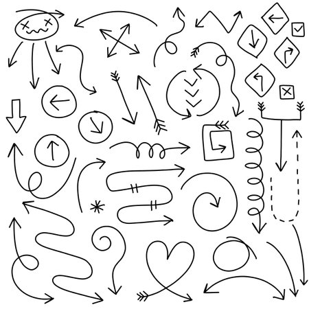 Gather hand-drawn arrows. Simple arrows placed alone on a white background. marks with an arrow. Bow paintのイラスト素材