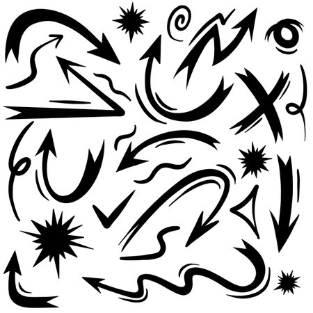 Gather hand-drawn arrows. Simple arrows placed alone on a white background. marks with an arrow. Bow paintのイラスト素材