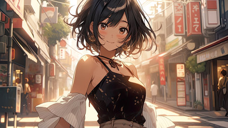 beautiful cute anime young woman, black bob cut hair, black cropped t-shirt, anime illustration clean art style AI, illustration, digital, virtual, generativeの素材