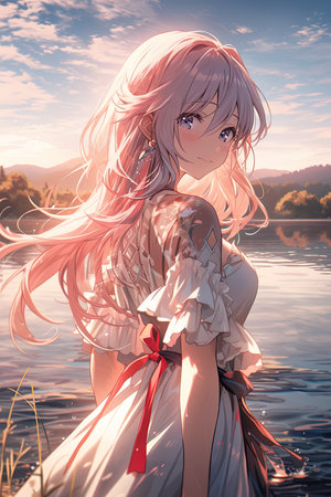 A girl with a white top and pink hair stands in front of a lake anime  ,AI illustration, digital, virtual, generativeの素材
