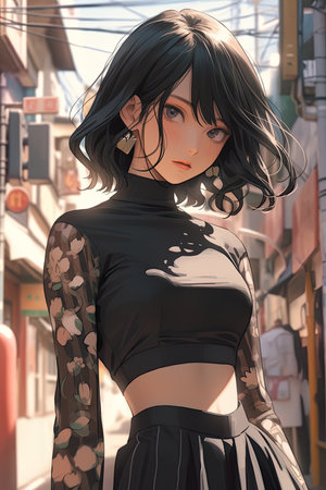 beautiful cute anime young woman, black bob cut hair, black cropped t-shirt, anime illustration clean art style AI, illustration, digital, virtual, generativeの素材