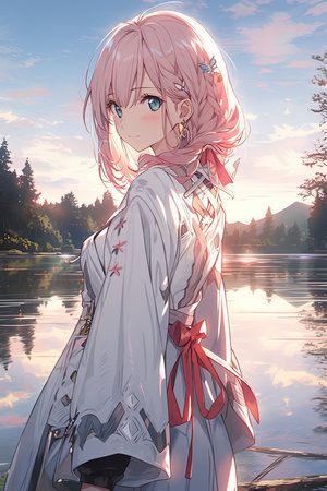 A girl with a white top and pink hair stands in front of a lake anime  ,AI illustration, digital, virtual, generativeの素材