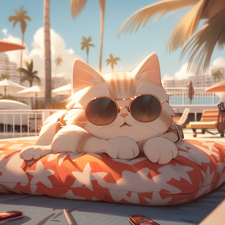 a cat with fashion sunglasses is lying On the roof, wide angle view, full-body ,AI illustration, digital, virtual, generativeの素材