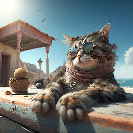 a cat with fashion sunglasses is lying On the roof, wide angle view, full-body ,AI illustration, digital, virtual, generativeの素材