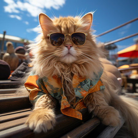 a cat with fashion sunglasses is lying On the roof, wide angle view, full-body ,AI illustration, digital, virtual, generativeの素材
