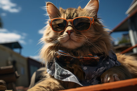 a cat with fashion sunglasses is lying On the roof, wide angle view, full-body ,AI illustration, digital, virtual, generativeの素材