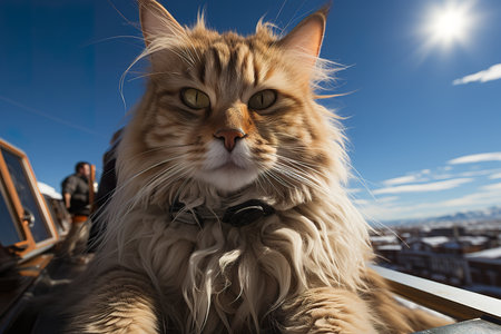 a cat  is lying On the roof, wide angle view, full-body ,AI illustration, digital, virtual, generativeの素材