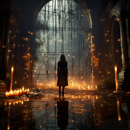 Halloween poster, A beautiful and enchanting fairy-like enchantress stands before an ancient castle, her slender figure silhouetted against the ethereal and eerie atmosphere ,AI illustration, digital, virtual, generativeの素材