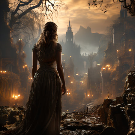 Halloween poster, A beautiful and enchanting fairy-like enchantress stands before an ancient castle, her slender figure silhouetted against the ethereal and eerie atmosphere ,AI illustration, digital, virtual, generativeの素材