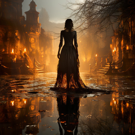 Halloween poster, A beautiful and enchanting fairy-like enchantress stands before an ancient castle, her slender figure silhouetted against the ethereal and eerie atmosphere ,AI illustration, digital, virtual, generativeの素材