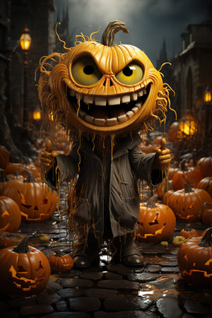 Halloween poster,  halloween pumpkin sitting in the middle of spooky pumpkins, in the style of photorealistic cityscapes, detailed character design, fantastical street, spectacular backdrops, caricature faces , playful caricature, AI illustration, digital, virtual, generativeの素材