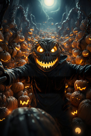 Halloween poster,  halloween pumpkin sitting in the middle of spooky pumpkins, in the style of photorealistic cityscapes, detailed character design, fantastical street, spectacular backdrops, caricature faces , playful caricature, AI illustration, digital, virtual, generativeの素材