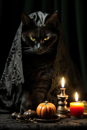 Halloween poster, featuring a funny witch and her mischievous black cat, casting spells and creating Halloween mischief ,AI illustration, digital, virtual, generativeの素材