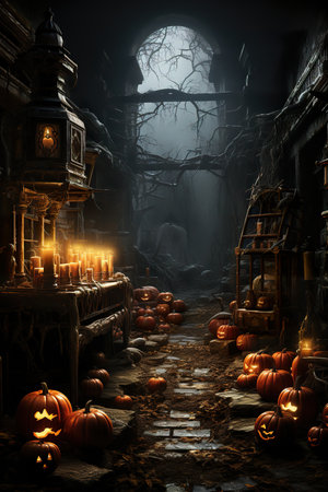 Halloween poster  with pumpkins and lit lanterns, in the style of dark and gritty cityscapes, 19th century, fantastical street ,AI illustration, digital, virtual, generativeの素材