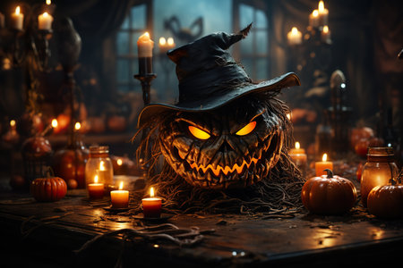 Halloween poster  with pumpkins and lit lanterns, in the style of dark and gritty cityscapes, 19th century, fantastical street ,AI illustration, digital, virtual, generativeの素材