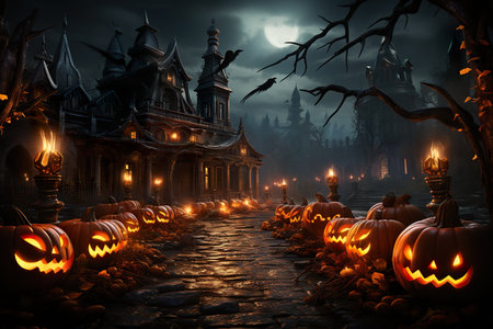 Halloween poster  with pumpkins and lit lanterns, in the style of dark and gritty cityscapes, 19th century, fantastical street ,AI illustration, digital, virtual, generativeの素材