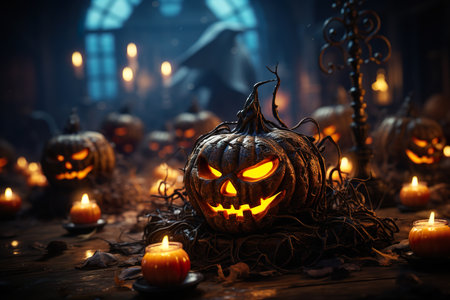 Halloween poster  with pumpkins and lit lanterns, in the style of dark and gritty cityscapes, 19th century, fantastical street ,AI illustration, digital, virtual, generativeの素材