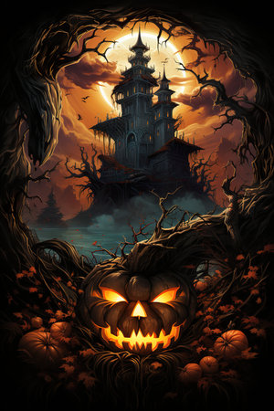 Halloween poster  with pumpkins and lit lanterns, in the style of dark and gritty cityscapes, 19th century, fantastical street ,AI illustration, digital, virtual, generativeの素材