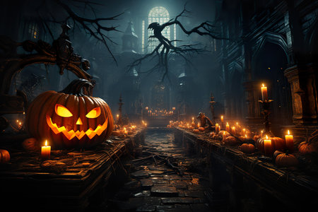 Halloween poster  with pumpkins and lit lanterns, in the style of dark and gritty cityscapes, 19th century, fantastical street ,AI illustration, digital, virtual, generativeの素材