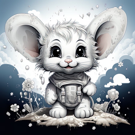 a little white rat with a backpack , in the style of dreamlike illustration, highly detailed environments, joyful and optimistic,  AI illustration, digital, virtual, generativeの素材