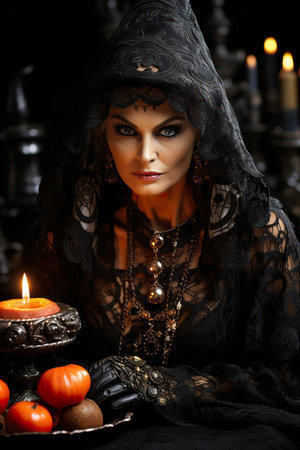 really sexy witch ,Halloween poster, Poster for Halloween night ,witching woman spooky black in flames, in the style of hyper realistic fantasy,  AI illustration, digital, virtual, generativeの素材