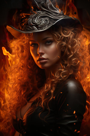 really sexy witch ,Halloween poster, Poster for Halloween night ,witching woman spooky black in flames, in the style of hyper realistic fantasy,  AI illustration, digital, virtual, generativeの素材